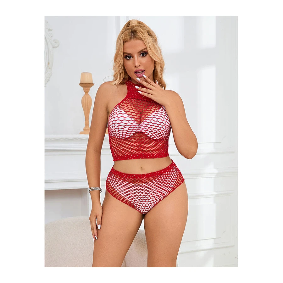 SUBBLIME - 952402 BODYSTOCKING SET RETE CON DIAMANTI ROSA TAGLIA UNICA